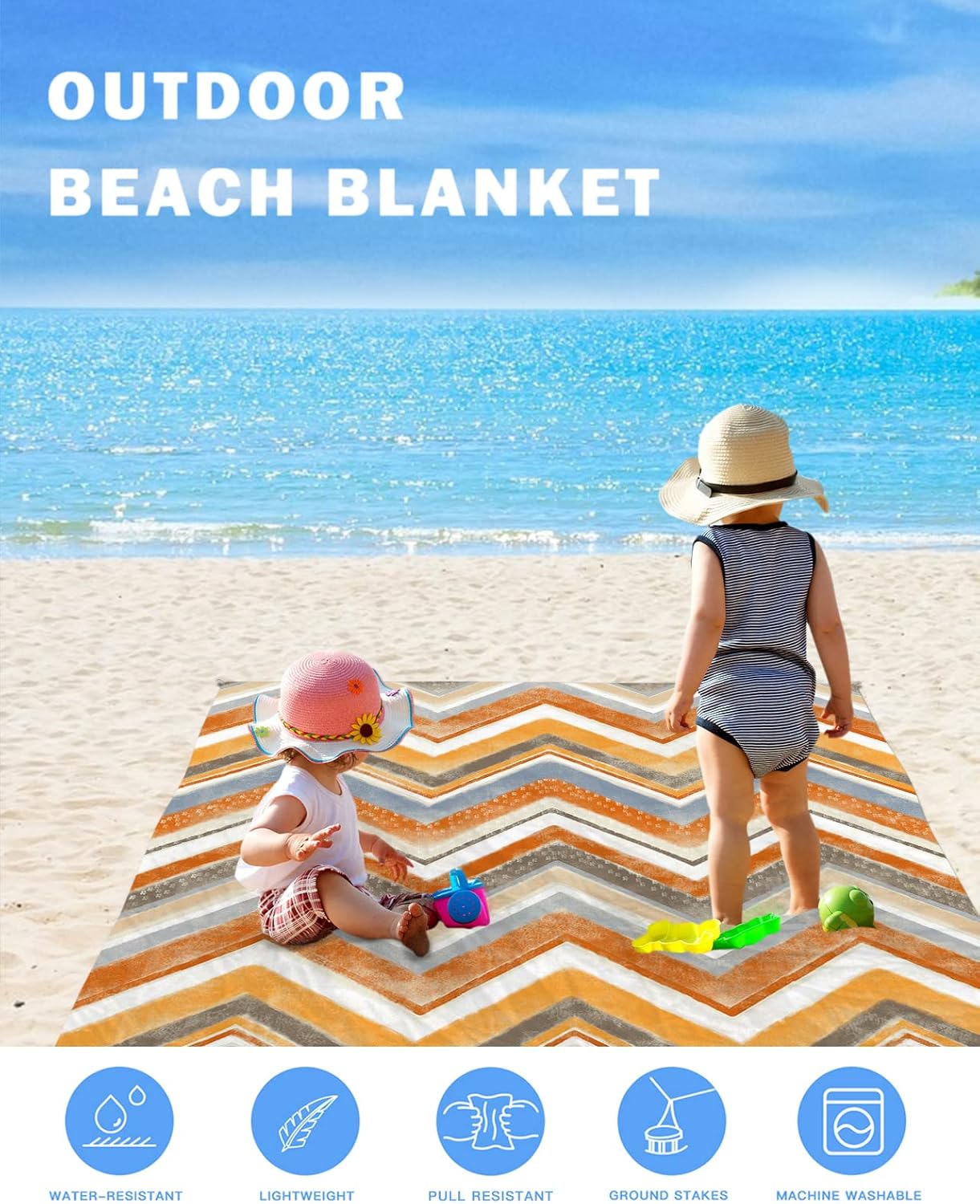 Nordic Style Zig Zag Ripple Beach Blanket Waterproof Sandproof Outdoor Picnic Mat 118"x108" Watercolor Art Stripes Lightweight Large Beaach Blankets with 4 Stake & 4 Corner Pockets