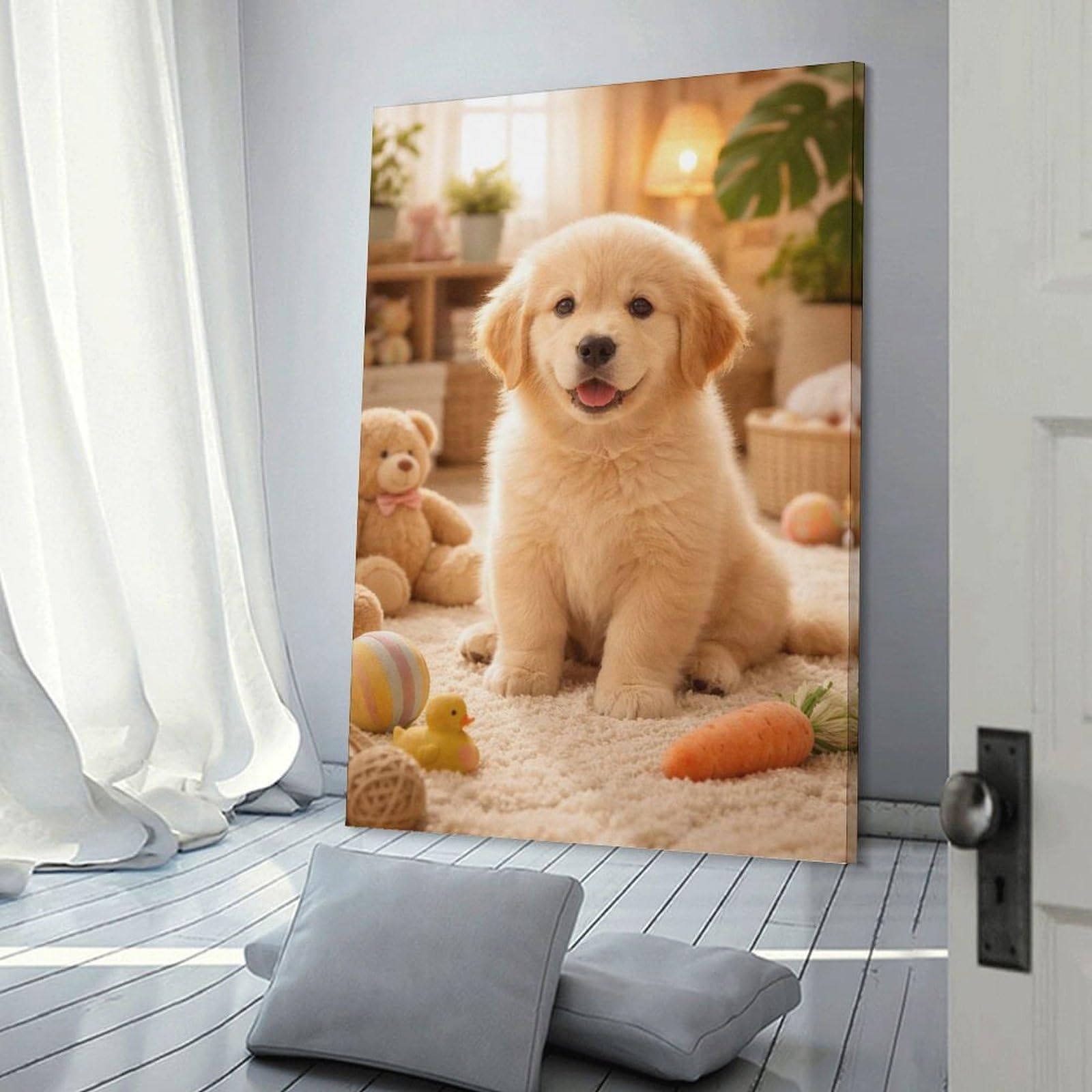 Junmoney Home Decor Wall Art Golden Retriever Puppy with Toys, 24x36inch(60x90cm), for New Homes, Bedrooms Or Workspaces, Decorative Present for New Homes