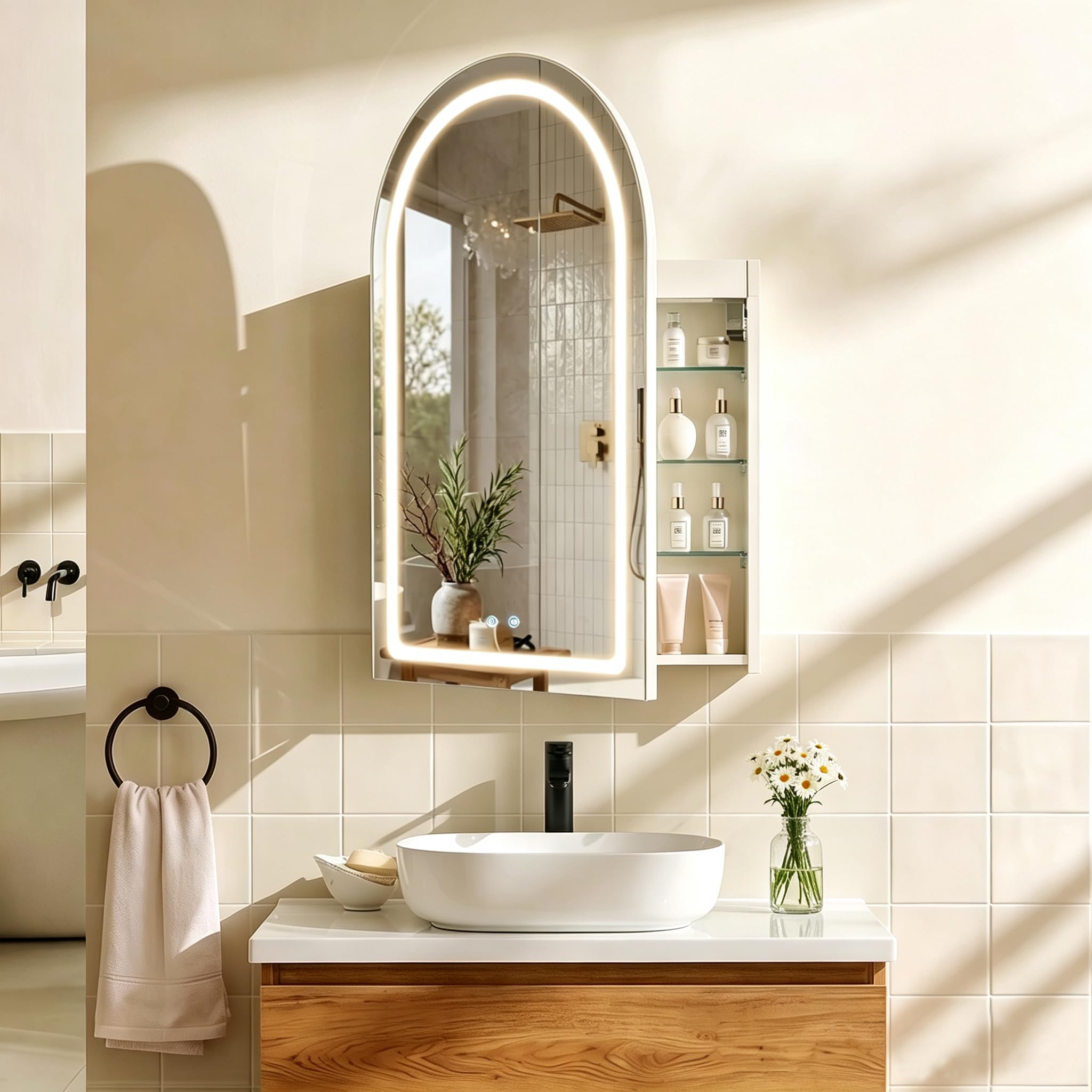 LEMROE Specchio Bagno Contenitore,Specchio curvo, con presa, luce a LED