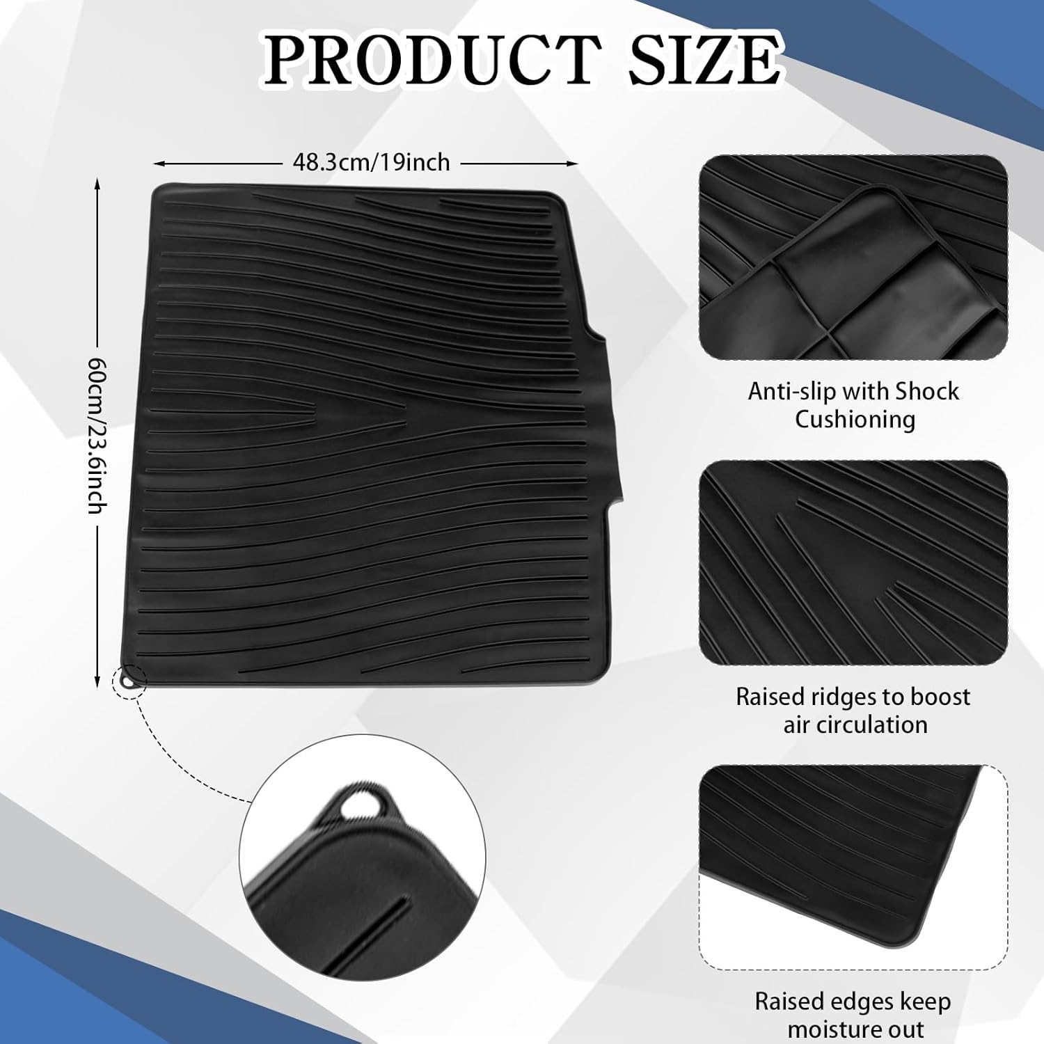 2 Pcs Extra Large Silicone Dish Drying Mat with Drain Lip 23.6 x 19 Inch Dish Drainer Liner Rubber Counter Drying Pad for Kitchen Sink Drawer (Black)