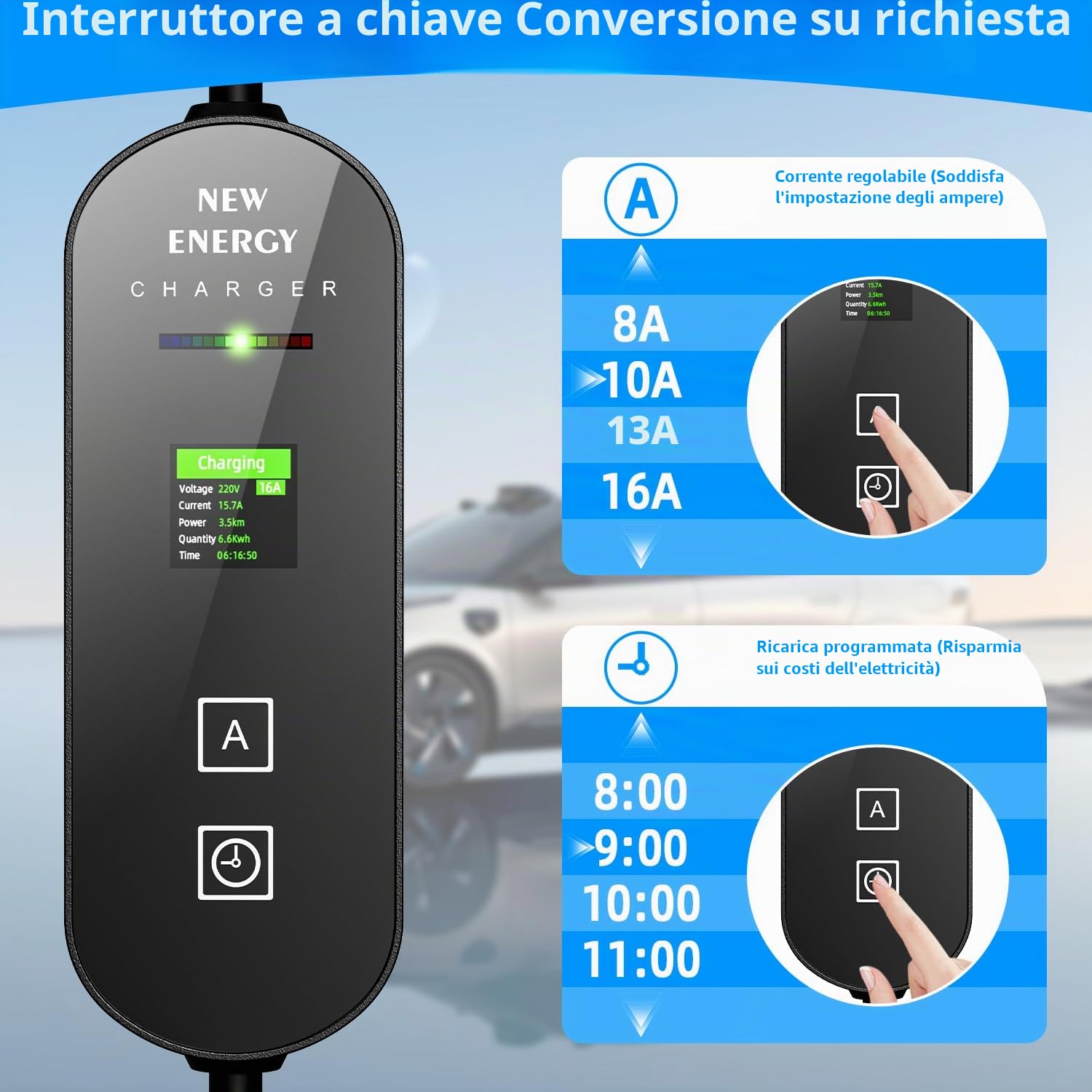 Cavo Ricarica Auto Elettrica Tipo 2 Schuko 3,5kW [5m, 6/8/10/13/16A] con LCD Controllo Digitale e Supporto Compatibile con Model Y/3, 500e, e-208 e altri EV/PHEV