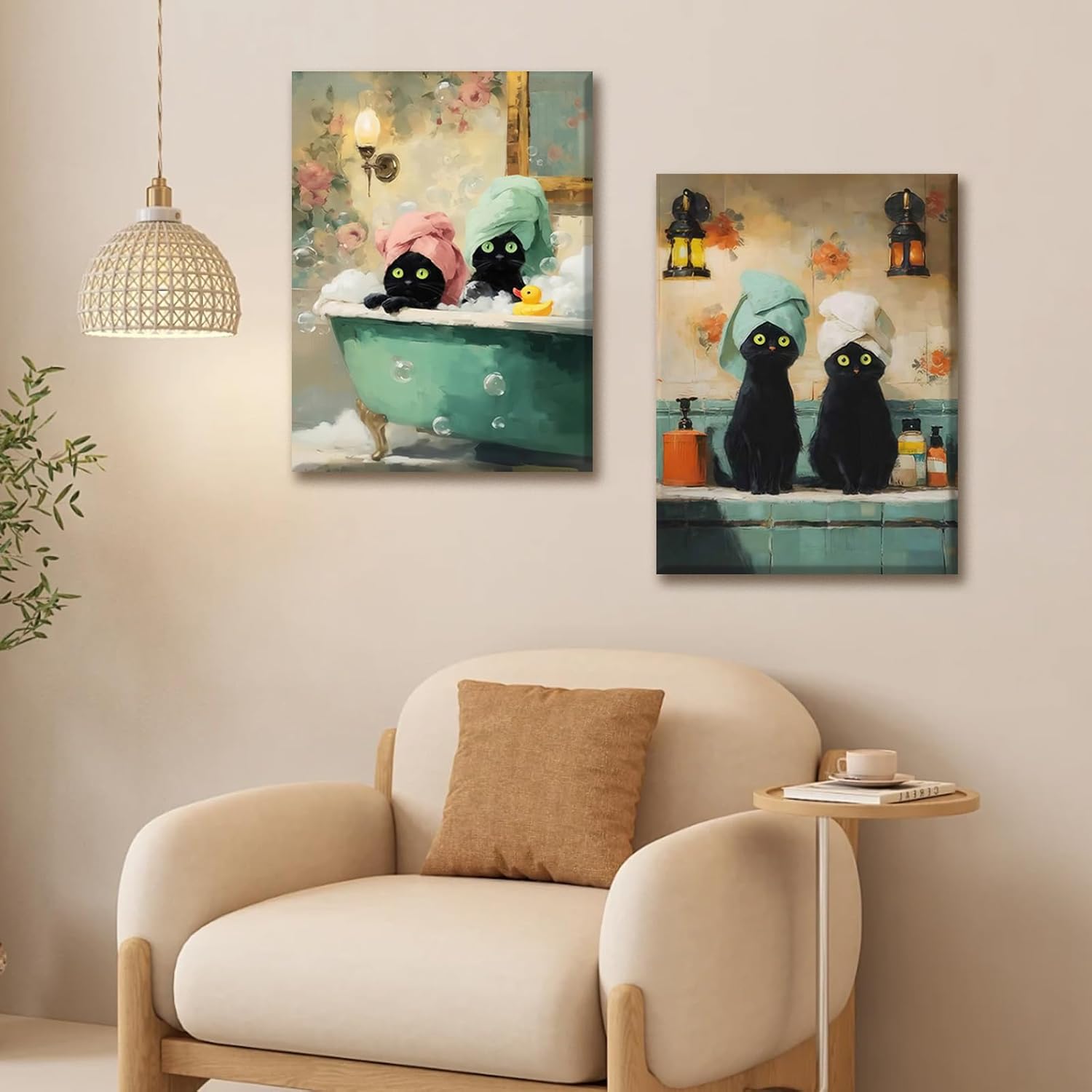 Framed Black Cat Bathroom Wall Art Set of 2 – Funny Cat Canvas Prints for Bathroom Decor Cute Pet Poster Picture Modern Animal Painting for Home Toilet or Laundry Room Ready to Hang 12x16 Inches