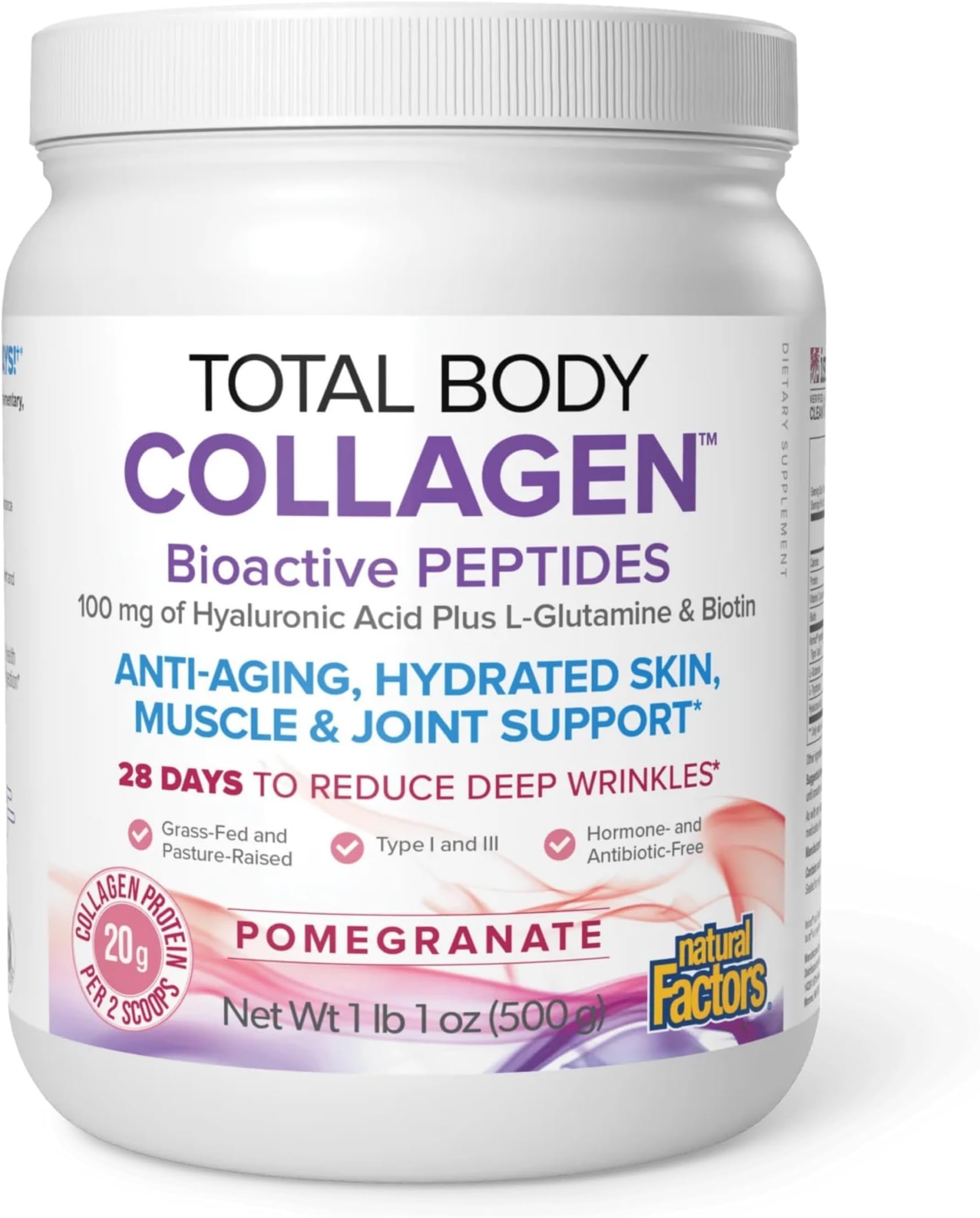 Natural Factors Total Body Collagen - Bioactive Collagen Supplement for Hair & Nail Growth Support - Healthy Skin Supplement with Protein, Vitamin C & More - Pomegranate, 500 g (38 Servings)