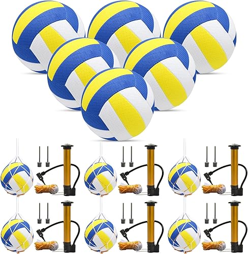 Miniatura 8 de Paquete de 6 pelotas de voleibol de tamaño oficial 5 de cuero sintético, incluye bomba de bola y bolsa de red, voleibol de competición