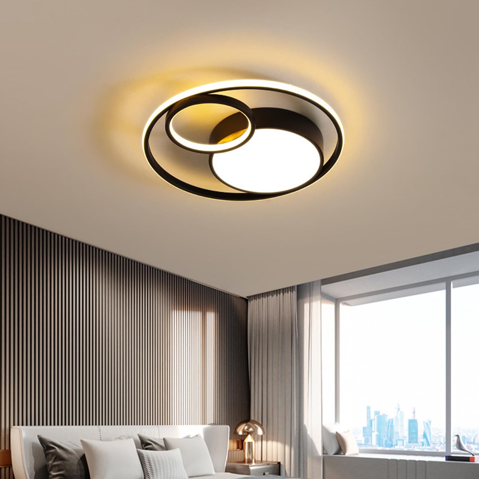 Ściemnialna lampa sufitowa LED z pilotem metalowa akrylowa lampa sufitowa nowoczesne okrągłe oświetlenie sufitowe do sypialni salonu biura 3000 K-6500K (czarny + biały, 40 cm)