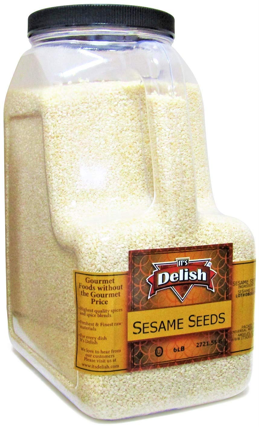 Gourmet White Sesame Seeds (Hulled) by It's Delish – 6 lbs Gallon Size Container Jug with Handle – Premium Whole Sesame Bulk Restaurant & Foodservice Size - Great for Cooking, Baking, Coating, Topping & Food Décor