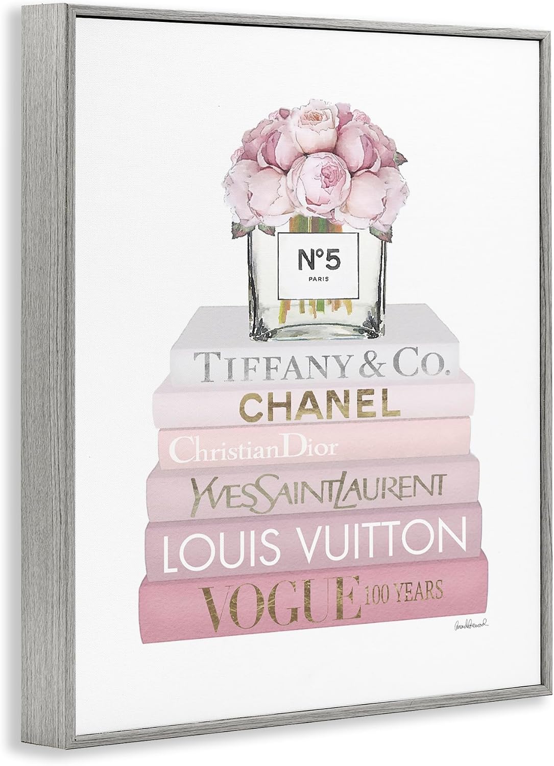 Stupell Industries 'Pink Rose Bouquet Bookstack', Framed Giclee Art, Gray, 16 x 20 Inches, Easy to Hang and Sturdy, Made in USA, by Amanda Greenwood