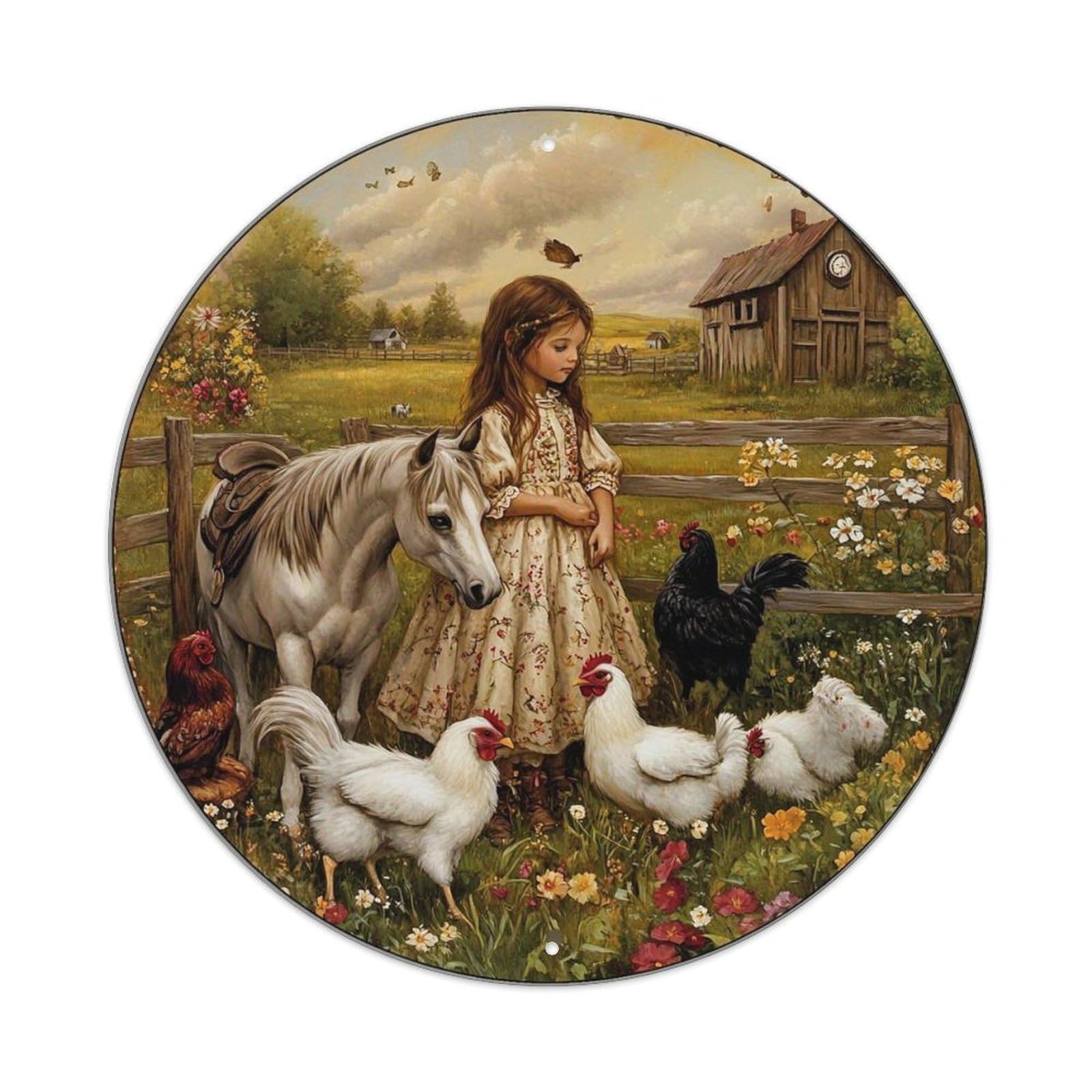 Jdyaojiesheng Girls Vintage Rural Farm Horse Chickens Round Tin Sign Retro Metal Wall Decor Metal Poster, Home Bar Garage Farmhouse Cafe Wall Art Decoration 8X8inch