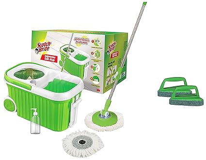 Scotch-Brite Supreme Spin Bucket Mop (2N Microfiber Refills) (IS840126848) & Fibre Bathroom Scrubber Brush (Green, Pack of 2) & Multi-Purpose, Easy to use Kitchen Cleaning Sponge Wipe (10 -Pieces)