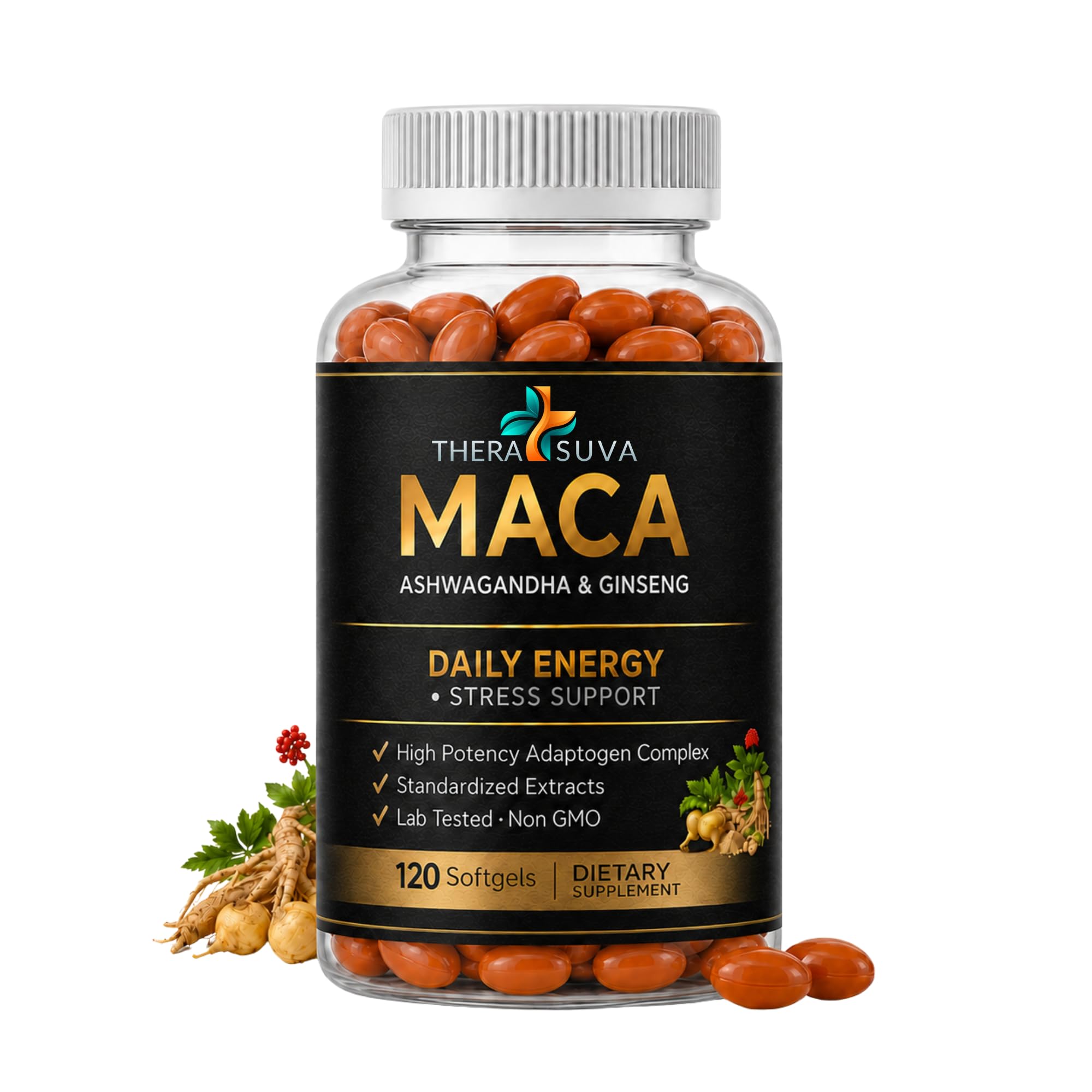 3 in 1 Ashwagandha + Maca Root + Panax Ginseng Supplement, 120 Count