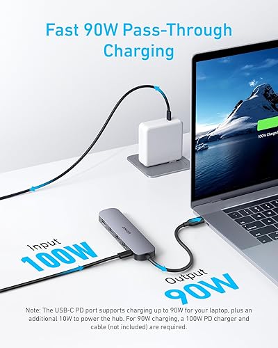 Miniatura 3 de Anker Hub USB C, concentrador USB 5 en 1 para portátiles, adaptador multipuerto HDMI USB-C 4K con entrega de potencia máxima de 90 W, 3 puertos de