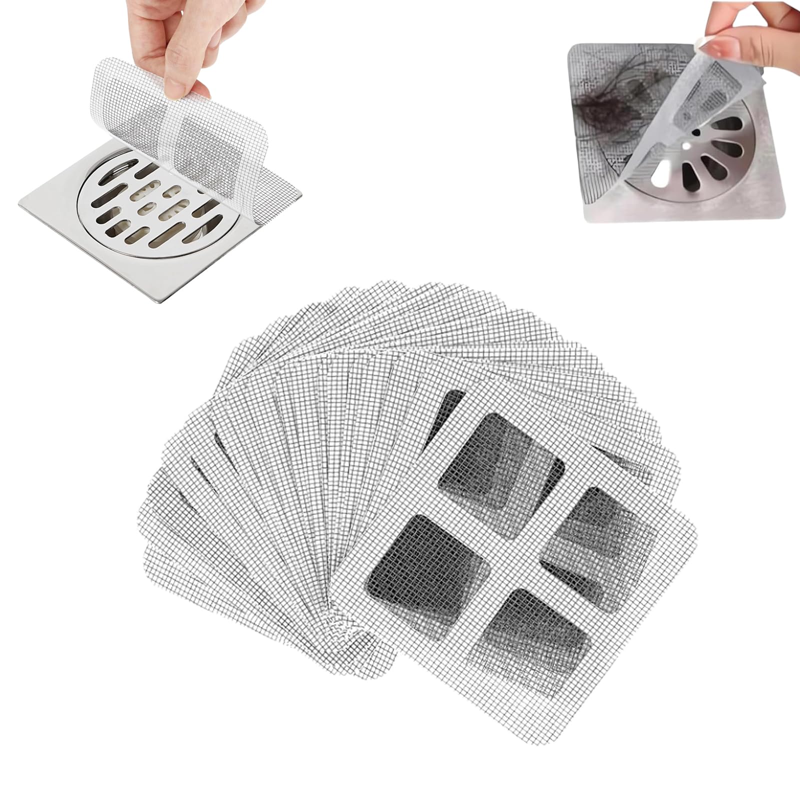 Paquete de 50 adhesivos desechables de malla para desagüe de ducha, 10 x 10 cm, accesorios de baño, cocina, fregadero, bañera