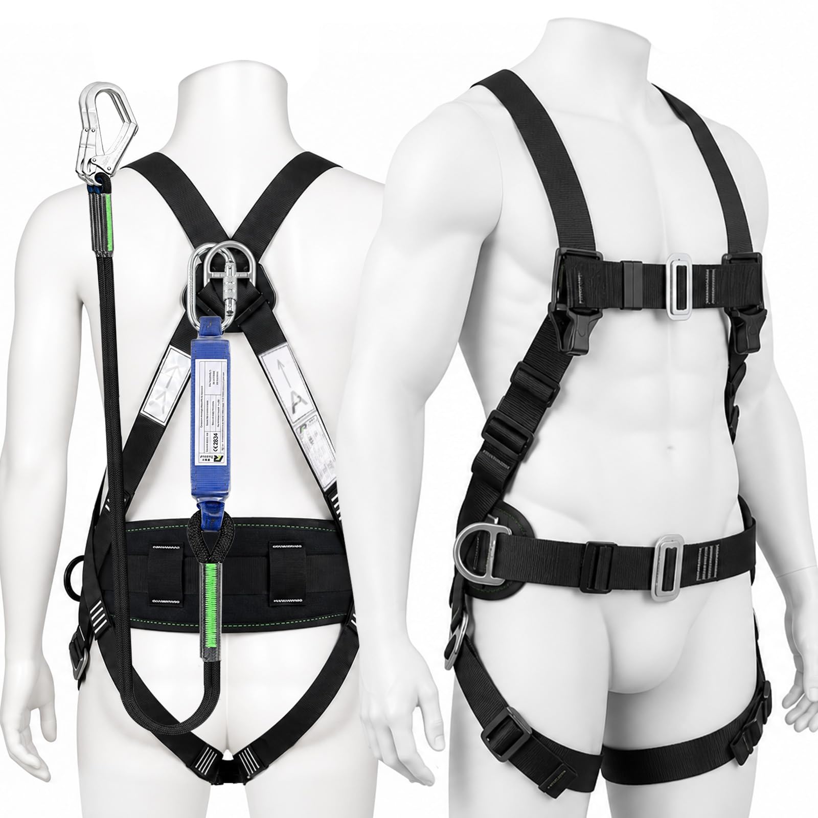 WingFly Ceinture SéCurité Anti-Chute, Kits Antichute De Sécurité 5 Points, Ergonomique Réglable Protection Antichute Baudrier Escalade,Max 150kg, avec 2 x Grandes Boucles et 2 x 1.8 m Longes