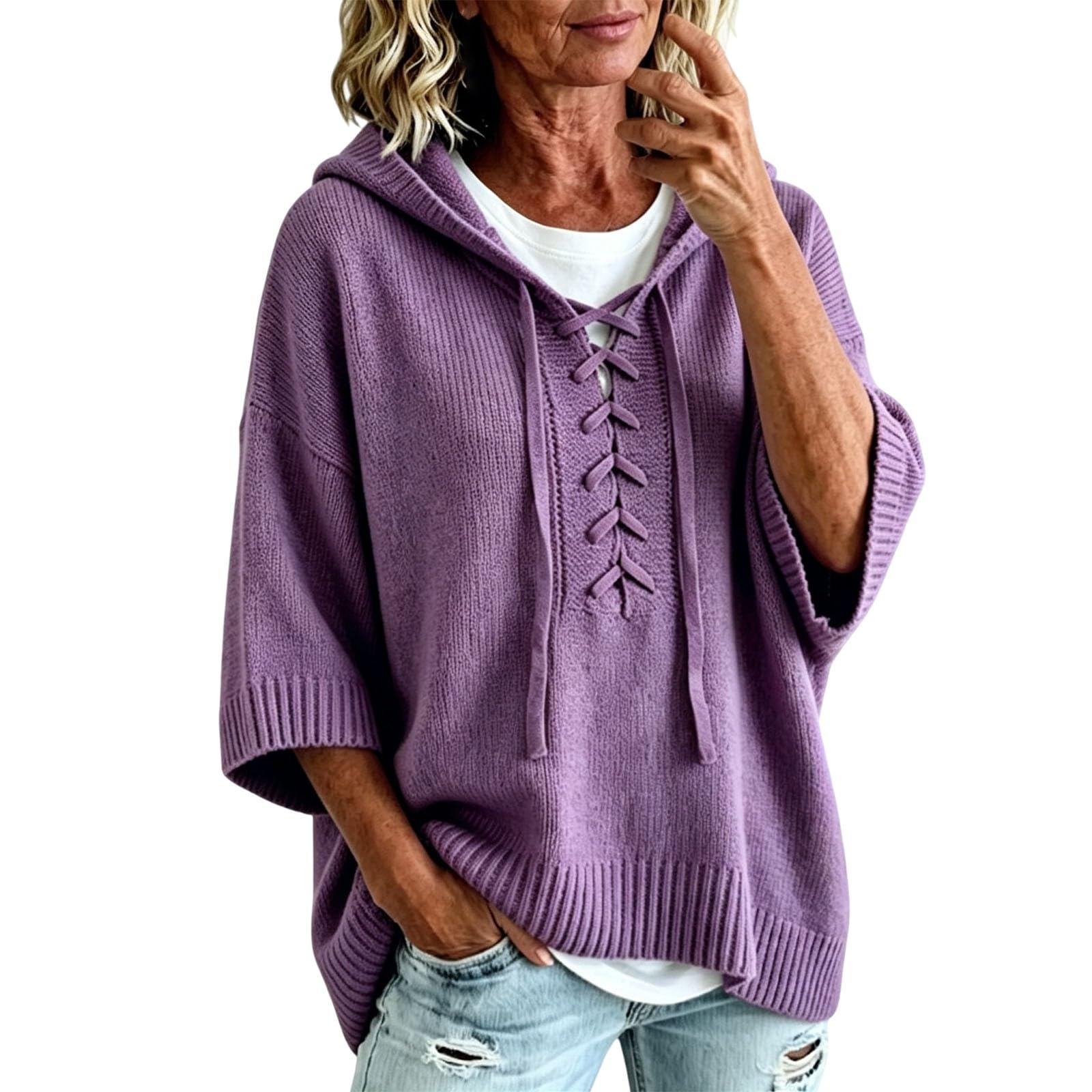 Generisch Felpa da donna in cotone, oversize, casual, tinta unita, elegante, lavorata a maglia, con cappuccio, confortevole, a maniche a 3/4, calda