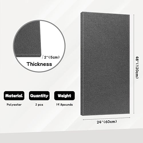 Miniatura 2 de Paquete de 2 paneles acústicos absorbentes de sonido, paneles de pared de fibra de vidrio de 47 x 23 x 1 pulgada de grosor, paneles de pared