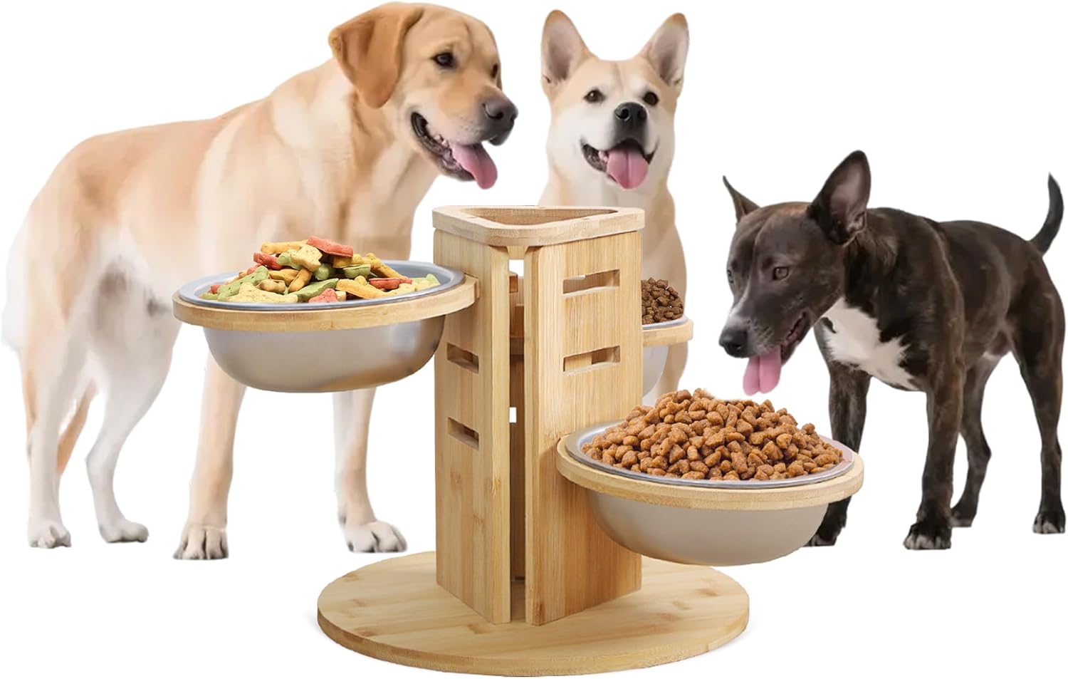 3 Bowl Dog Feeding Station, Dog Bowls Elevated, Food Water Stand for Indoor Outdoor Cats, Three Adjustable Heights: 5.17", 7.87", 10.63"