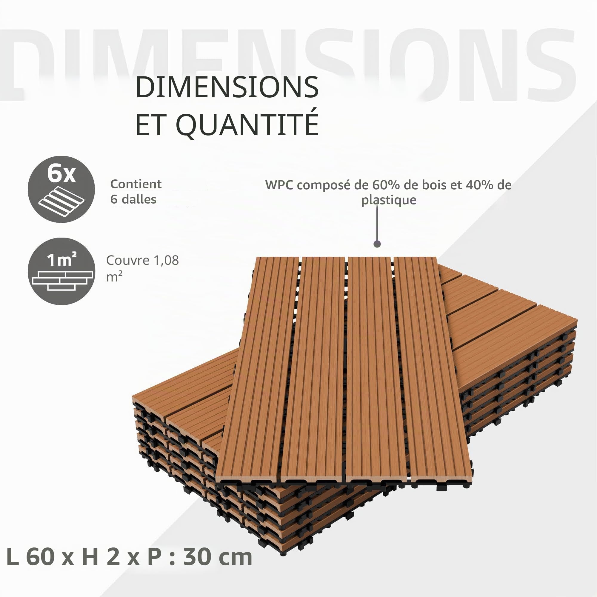 ECD Germany Dalles Terrasse Clipsables WPC 60x30 cm/6 pièces=1m² Marron Clair Strié Aspect Bois Panneaux avec Système à Clic et Drainage Revêtement de Sol Carrelage Lames Patio Jardin Extérieur