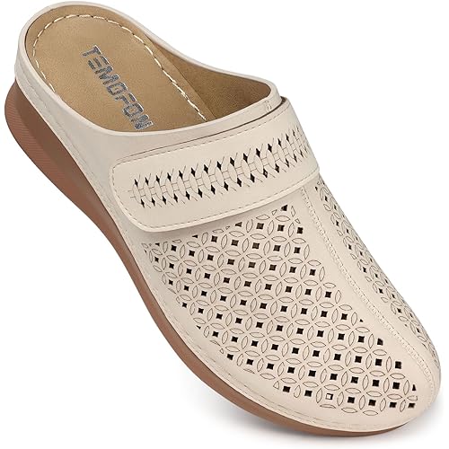 TEMOFON Clogs for Women Mules Shoes: Comfortable Arch Support Closed Toe Sandals Backless Low Wedge Slip on Shoes