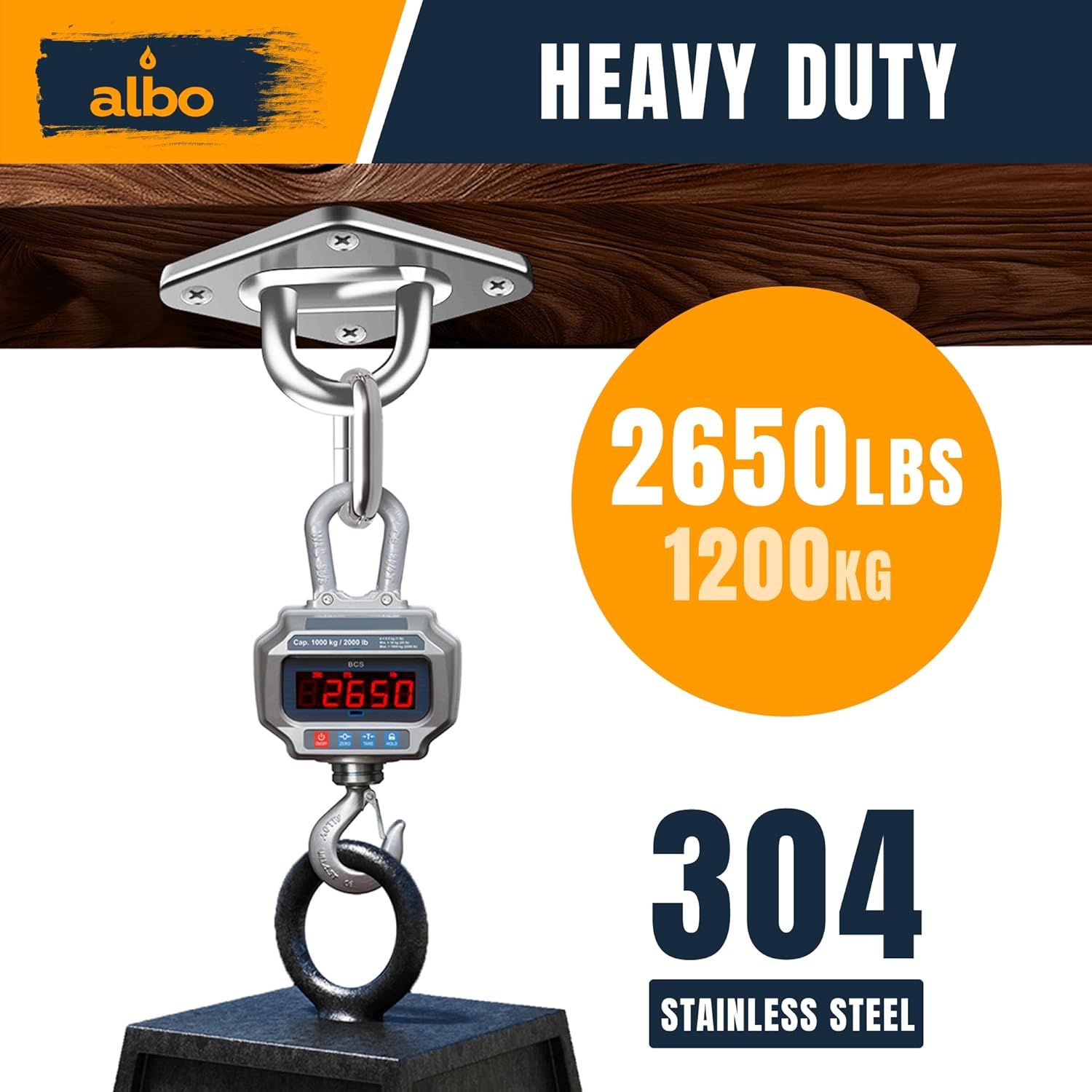 Albo Diamond Plate 2650lbs Swing Hangers 2 PCS - Heavy Duty Ceiling Mount Hooks with Snap Carabiners, 304 Stainless Steel for Wood & Concrete & Metal, Indoor Outdoor Anchor for Hammock, Yoga, TRX