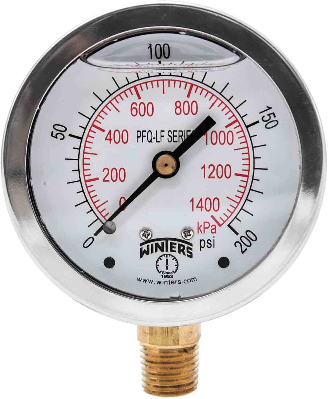 Winters Instruments PFQ806LF, PFQ-LF Series Pressure Gauge, 2.5" Dial Display, +/-1.5% Accuracy, Brass wetted parts, 1/4" NPT Bottom Mount, 0-200 psi/kpa, Glycerin Filled