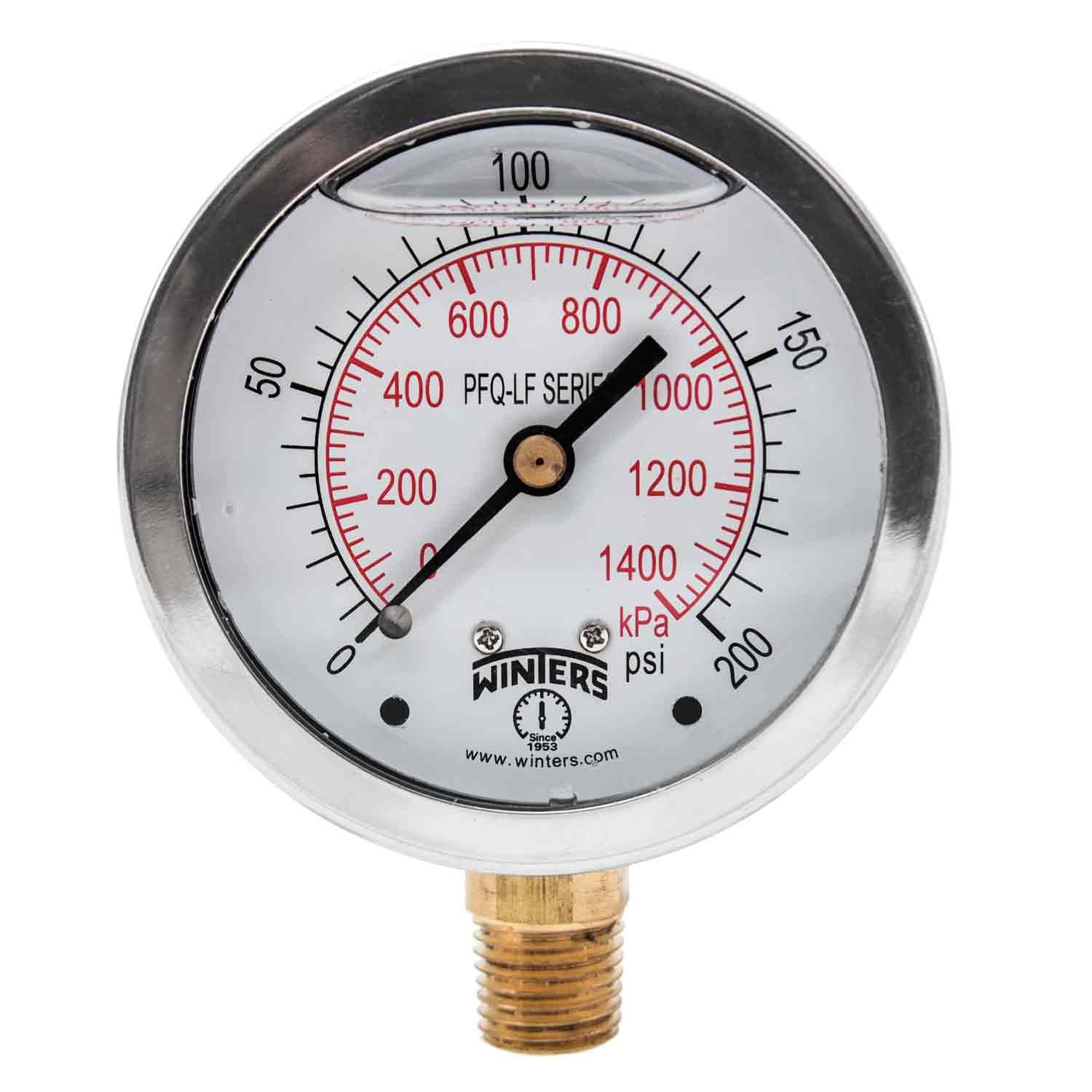 Winters Instruments PFQ806LF, PFQ-LF Series Pressure Gauge, 2.5" Dial Display, +/-1.5% Accuracy, Brass wetted parts, 1/4" NPT Bottom Mount, 0-200 psi/kpa, Glycerin Filled