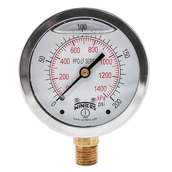 Winters Instruments PFQ806LF, PFQ-LF Series Pressure Gauge, 2.5" Dial Display, +/-1.5% Accuracy, Brass wetted parts, 1/4" NPT Bottom Mount, 0-200 psi/kpa, Glycerin Filled