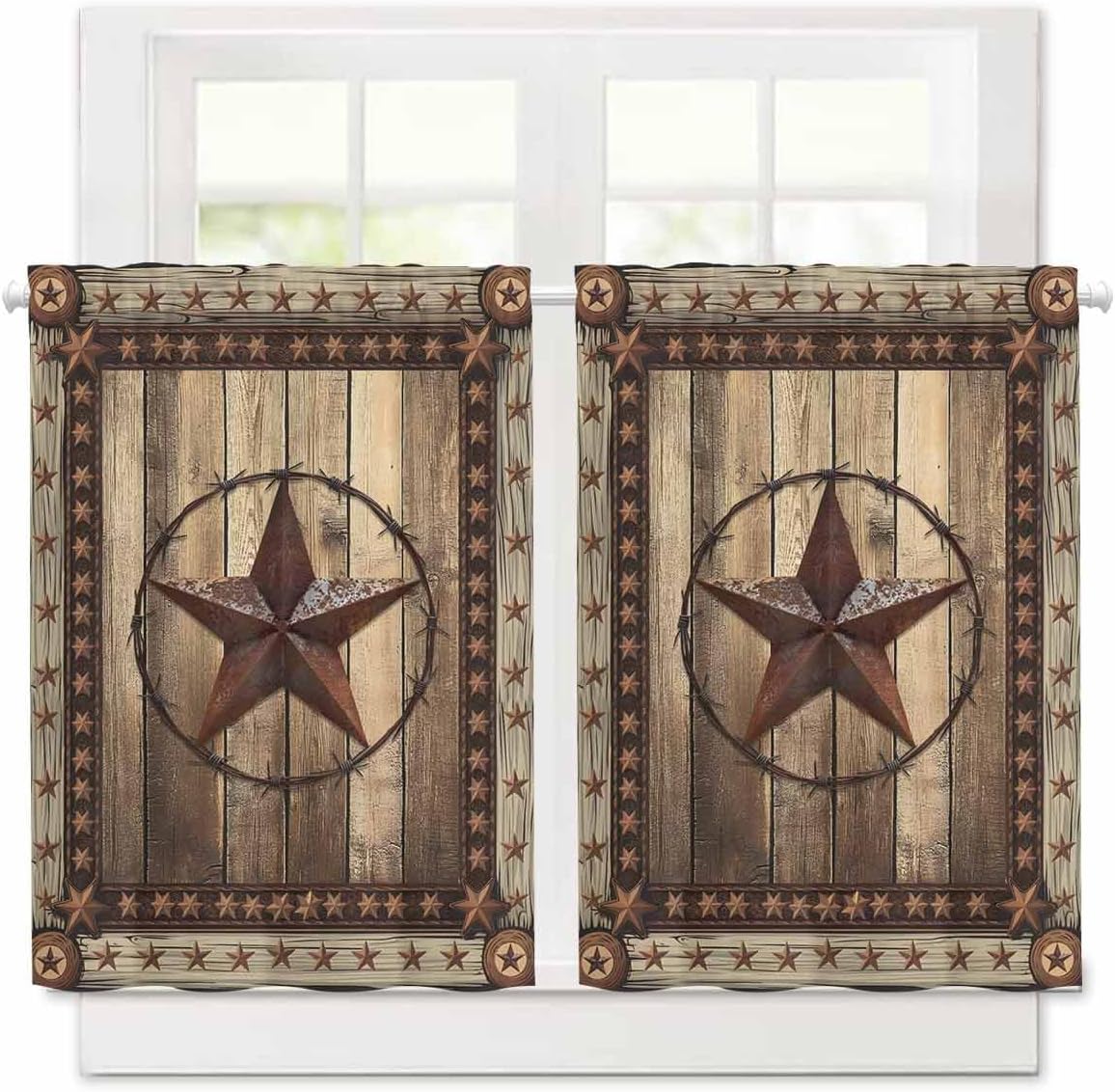 Texas Star Short Blackout Curtains 24 Inch Long Farmhouse Country Star Wood Grain Rod Pocket Kitchen Curtains, 2 Panels Thermal Insulated Room Darkening Drapes for Bedroom, 30" W x 24" L