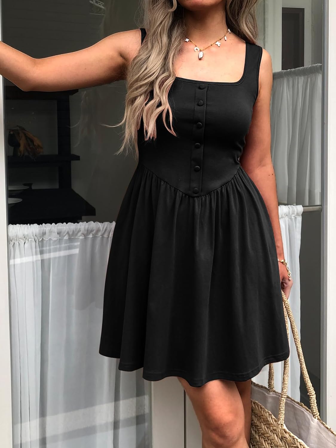 Women's Sleeveless Button Down Casual Mini Dress with Pockets – Soft Summer Dress for Daily Wear Black S - Image 3