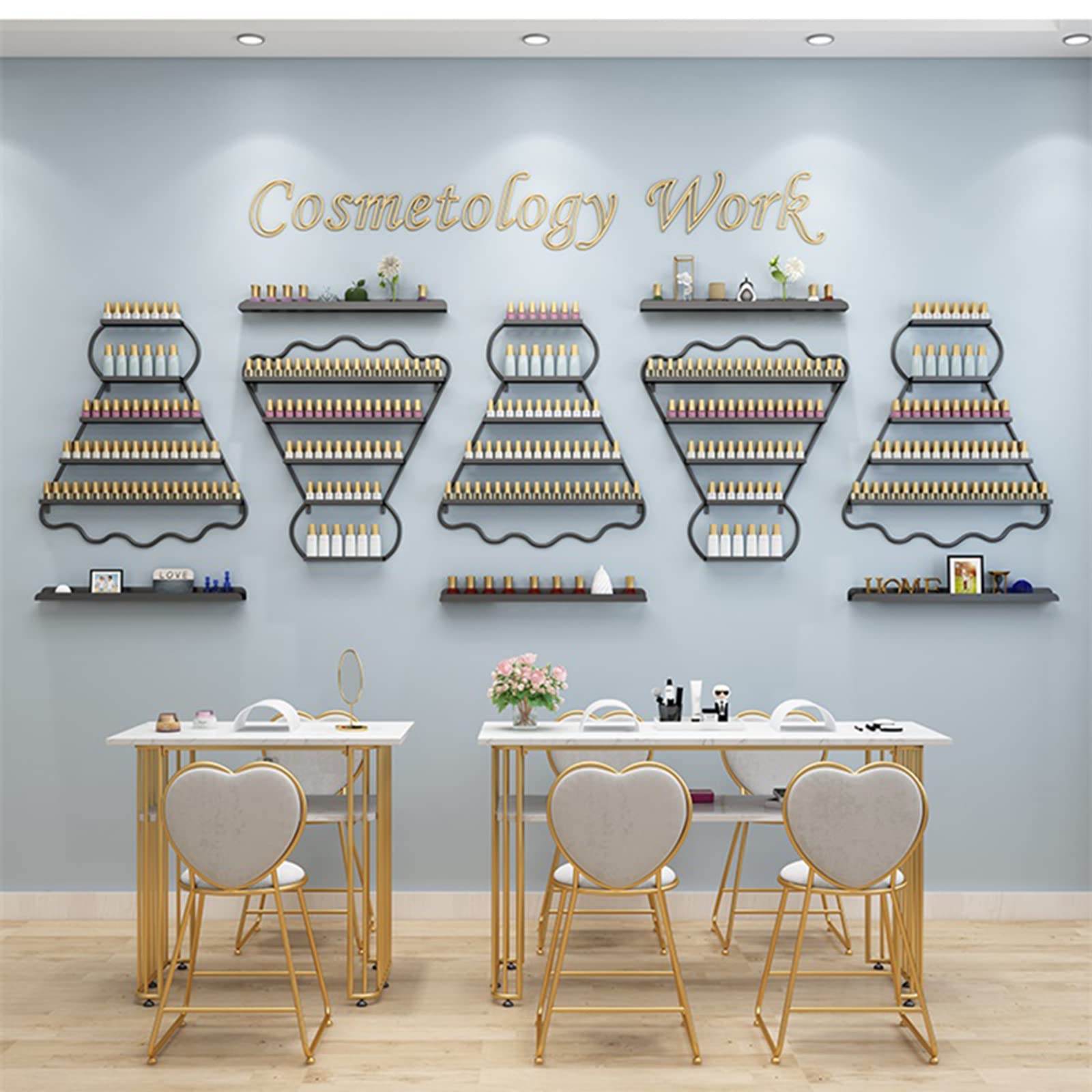 Estante de pared para esmaltes negros y organizador rectangular para salón de belleza