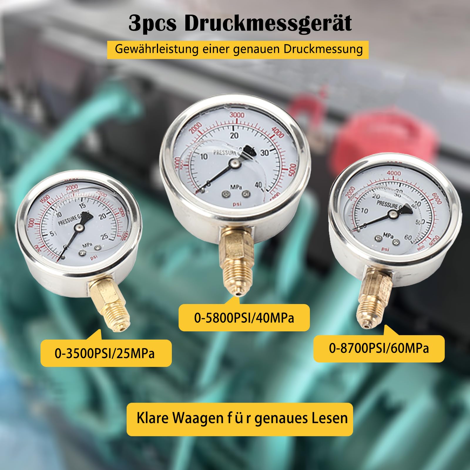 Hydraulisches Manometer-Kit, 8700PSI Stark Hydraulikdrucktestkit Druckprüfgerät, 250Bar-600Bar Edelstahl Manometer Testmessgerät Set mit Testkupplungen Testschlauch für Bagger Baumaschine