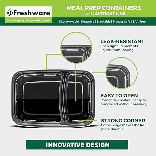 Miniatura 5 de Freshware Contenedores de preparación de comidas paquete de 50 2 compartimentos con tapas, contenedores de almacenamiento de alimentos, caja Bento,