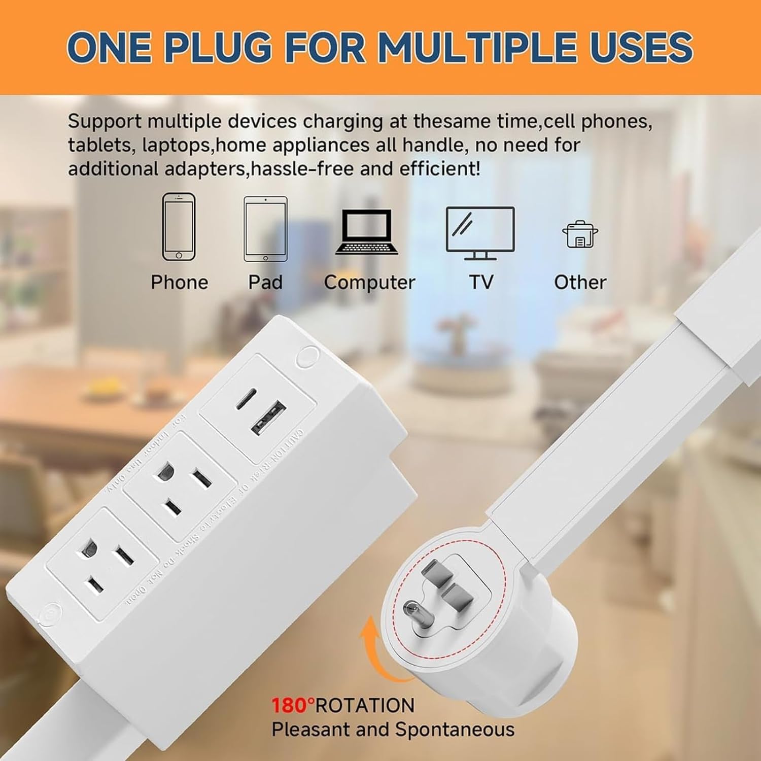 Outlet Extender, 180° Rotating Adjustable Plug Extension Stick, 2 AC Outlets, USB-A & USB-C Fast Charging, Surge Protector, Fire Resistant, No Drill for Hard-to-Reach Areas Behind Couch & Desk