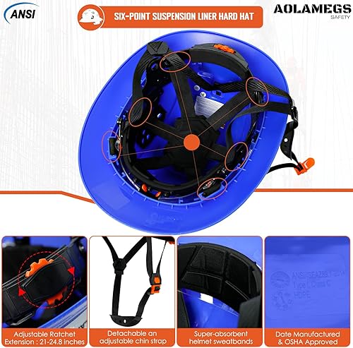 Miniatura 7 de Aolamegs Safe Casco duro de ala completa con patrón de fibra de carbono con visera, casco de seguridad de construcción aprobado por la OSHA para