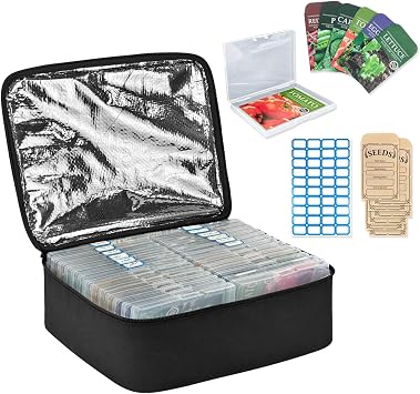 Boczif 26 Slots Seed Storage Organizer Box with Insulated Bag Seed Envelopes Bag and Label Stickers, Garden Seed Container for Seed Packets, Plant, Flower, Vegetable Seeds