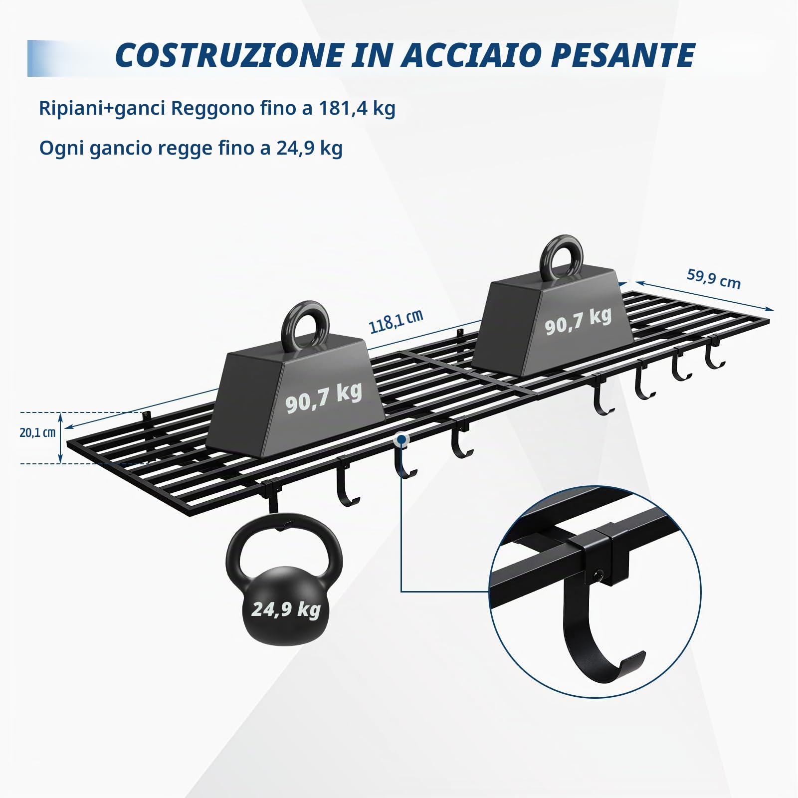 Set di 2 mensole da parete per garage - Scaffali in metallo pesante - Portata 400kg - Ganci inclusi - Soluzione salvaspazio per garage, officina, casa - Montaggio a muro facile - 2*4ft 2pcs