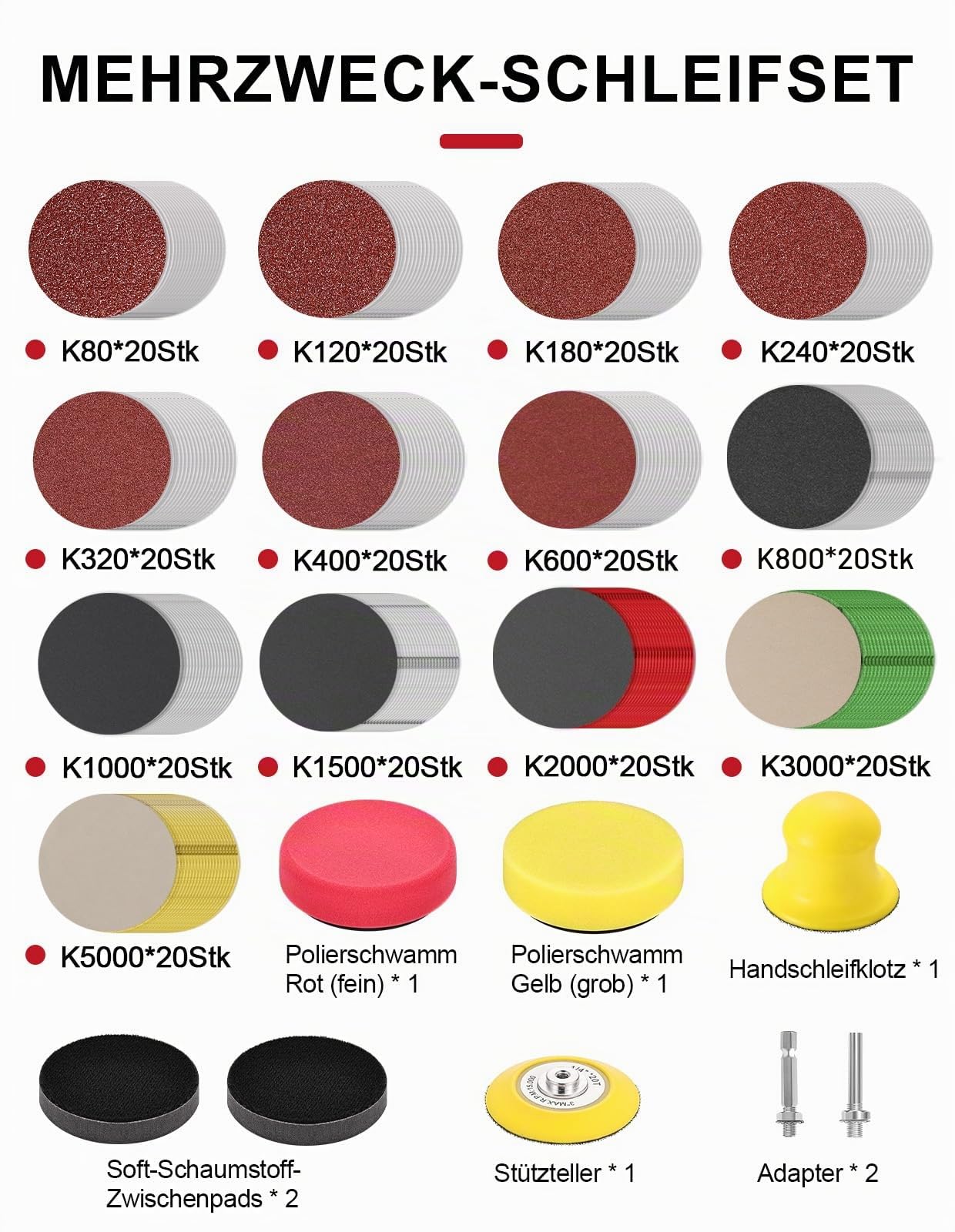 268 Stück Schleifpapier Klett 75mm, Körnung 80-5000 Scheinwerfer Aufbereitung Set- Polieraufsatz Akkuschrauber, Schleifaufsatz für Akkuschrauber, Auto, Holz, Scheinwerfer