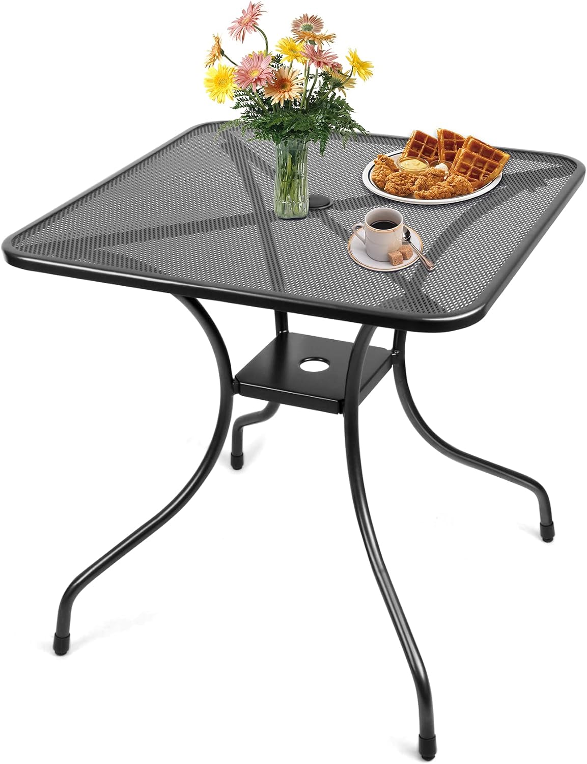 Outdoor Patio Dinning Table, 32In Outside Round Bistro Glass Tables with Tempered Glass Top and Umbrella Hole, Wrought Iron Frame Patio Table for Patio Backyard Garden Balcony: Kitchen & Dining