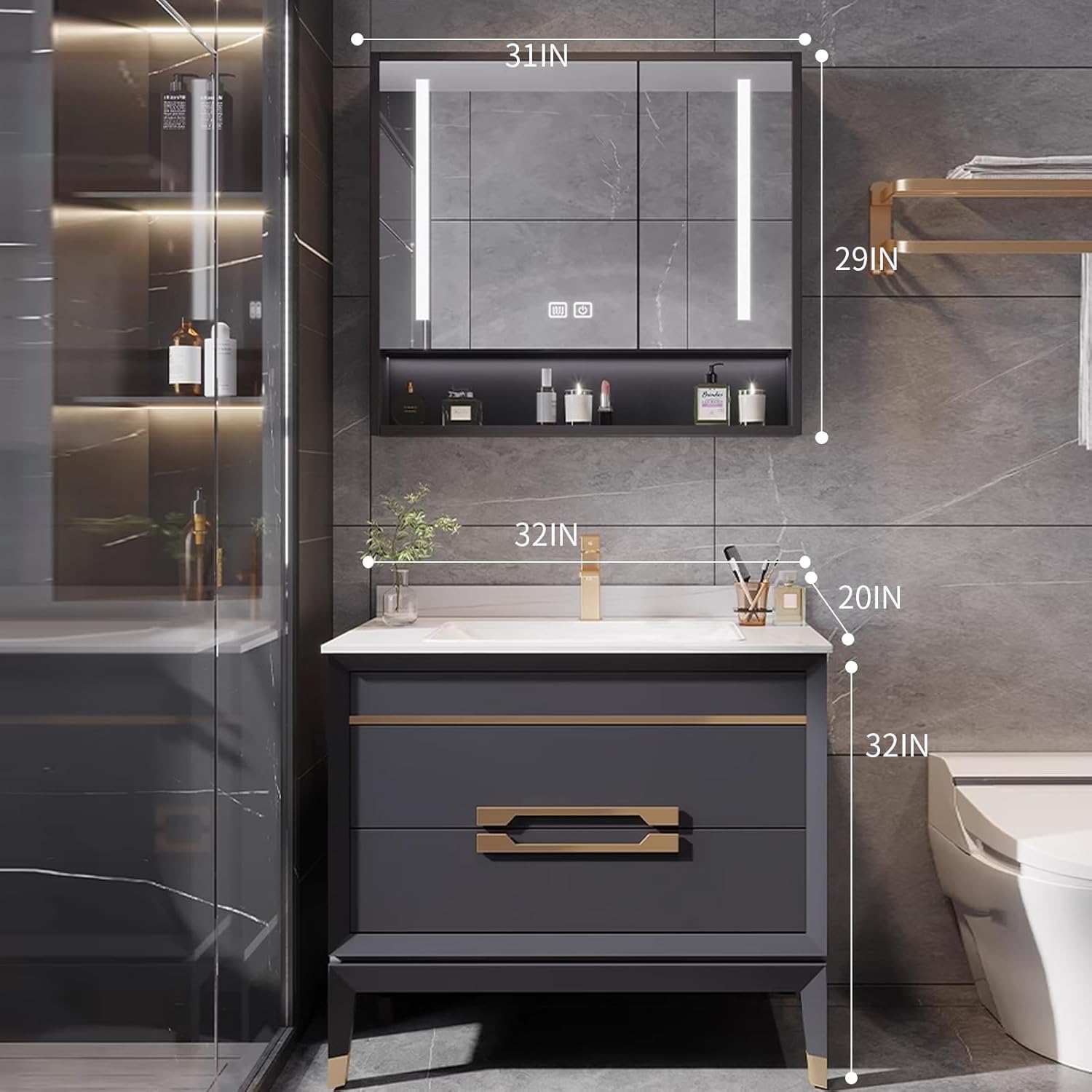 Freestanding Bathroom Vanity - Bathroom Vanity with Sink Includes LED Smart Defogging Mirror ? Abundant Storage Space, Solid Wood Bathroom Sink Cabinet (32'')