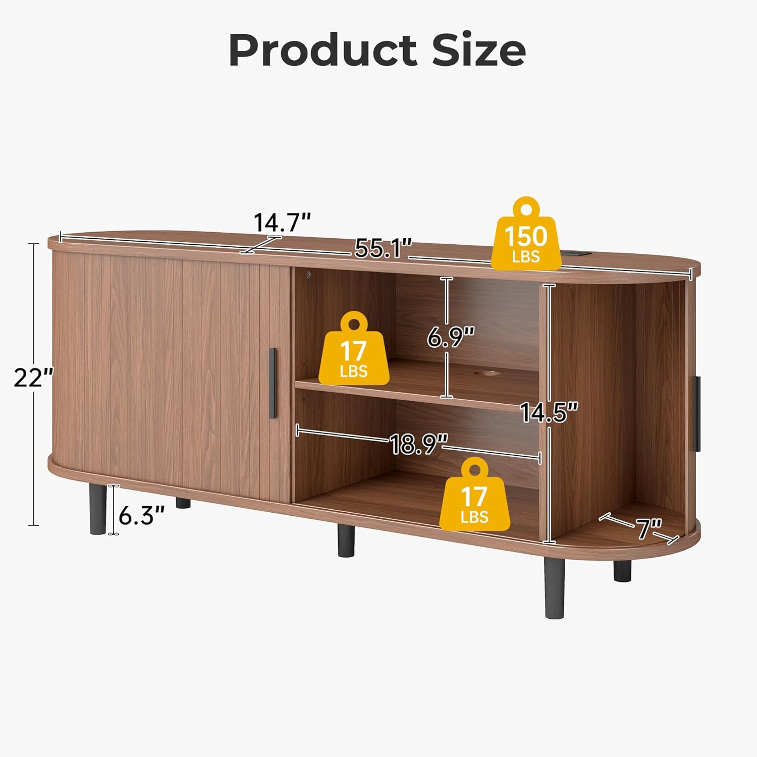 55" TV Stand with Power Outlet, Mid-Century Modern Entertainment Center with Storage and Sliding Doors for TVs up to 60 Inch, Media Console for Living Room Bedroom, Walnut