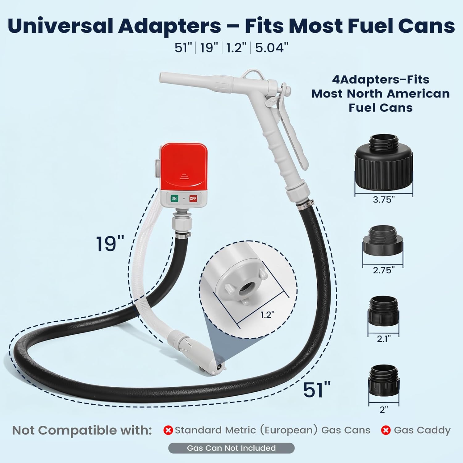 HCALORY Fuel Transfer Pump with Manual Hand Trigger Nozzle, 3.2 Gallon per Min Safe & Portable Gas Can Pump, USB-C & AA Battery Powered, Rubber 51" Hose & 4 Adapters for Gasoline, Diesel, Oil,Kerosene