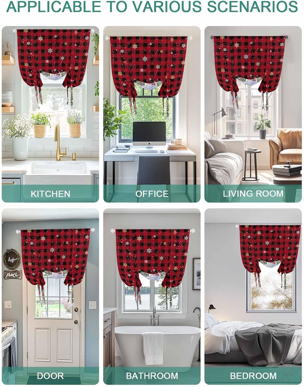 Buffalo Snowman Tie Up Curtains for Kitchen Bathroom Bedroom Windows 45 Inch Length, Balloon Drape Curtains Shade Rod Pocket Drapery Curtain Red Black Christmas Snowflake 1 Panel, 42"x45"