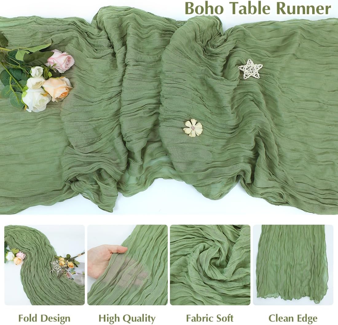 10 Pack New Sage Green Cheesecloth Table Runner 10FT-21*120Inch Boho Wedding Table Decor, Rustic Gauze Fabric Runner for Bridal Showers, Baby Showers & Parties (Sheer, Lightweight, Wrinkled Design)