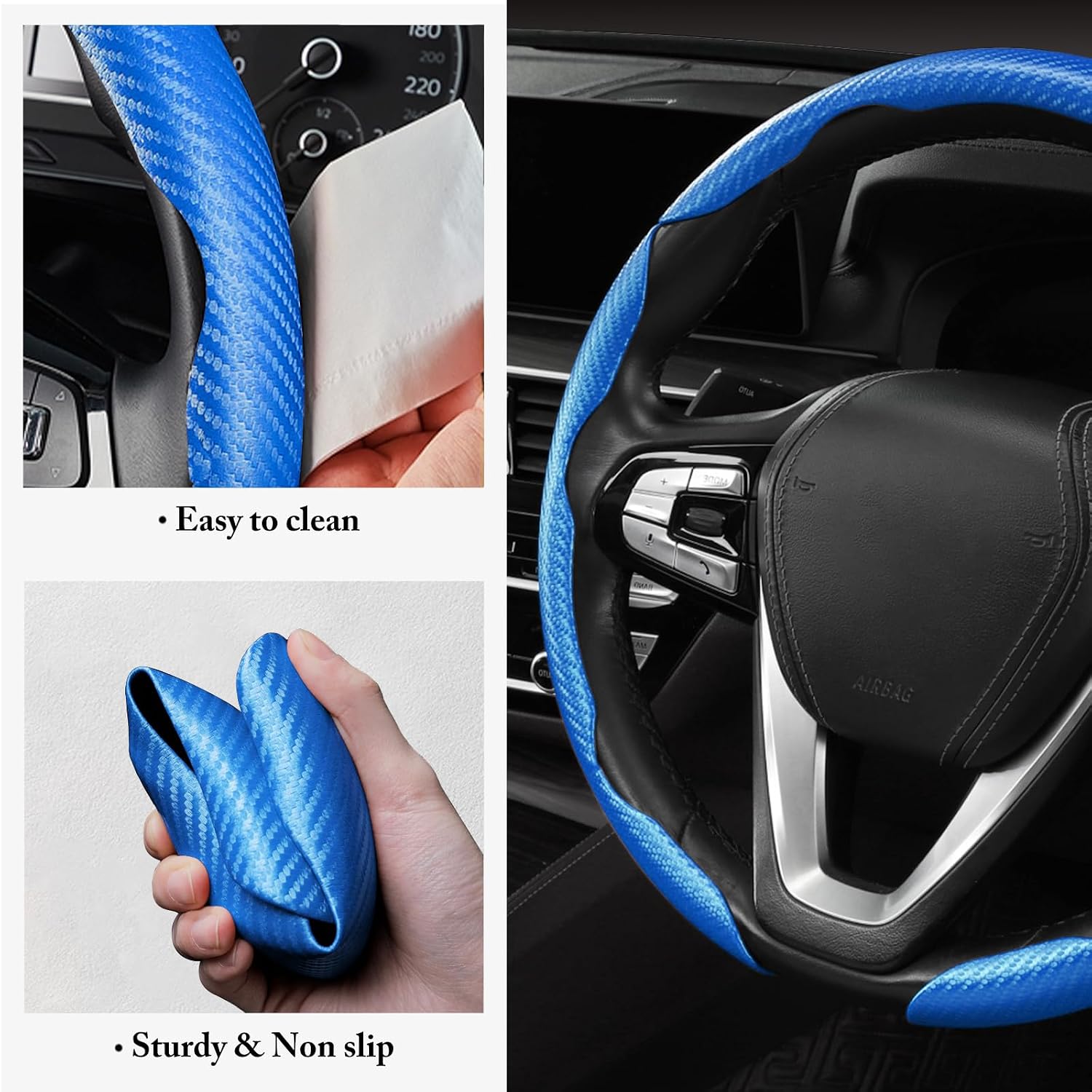 Carbon Fiber Steering Wheel Cover 3pcs Anti-Slip Car Steering Wheel Accessories Snap on Grip 15 inch Universal Blue