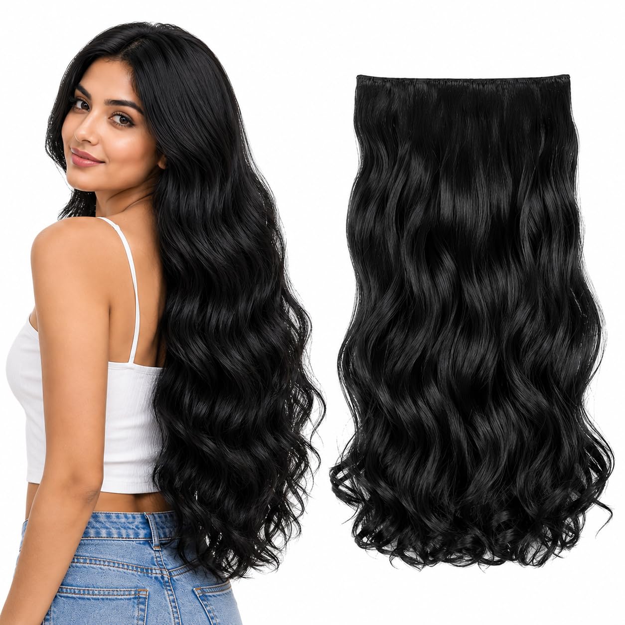 Women Hair Extension Full Head Wig 22 Inch Synthetic Hair Pieces with 5 Clip Wig Cheap Fluffy & Not Tangled Women and Girls (Black)-image-30