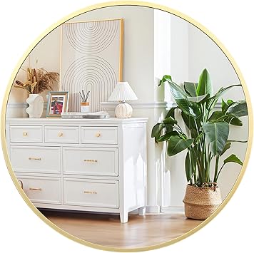 Round Mirror, 36 Inch Gold Bathroom Mirror for Over Sink, Mirrors with Metal Frame, Large Stylish Round Mirrors, Wall Mirror for Bathroom, Entryway, Vanity, Bedroom