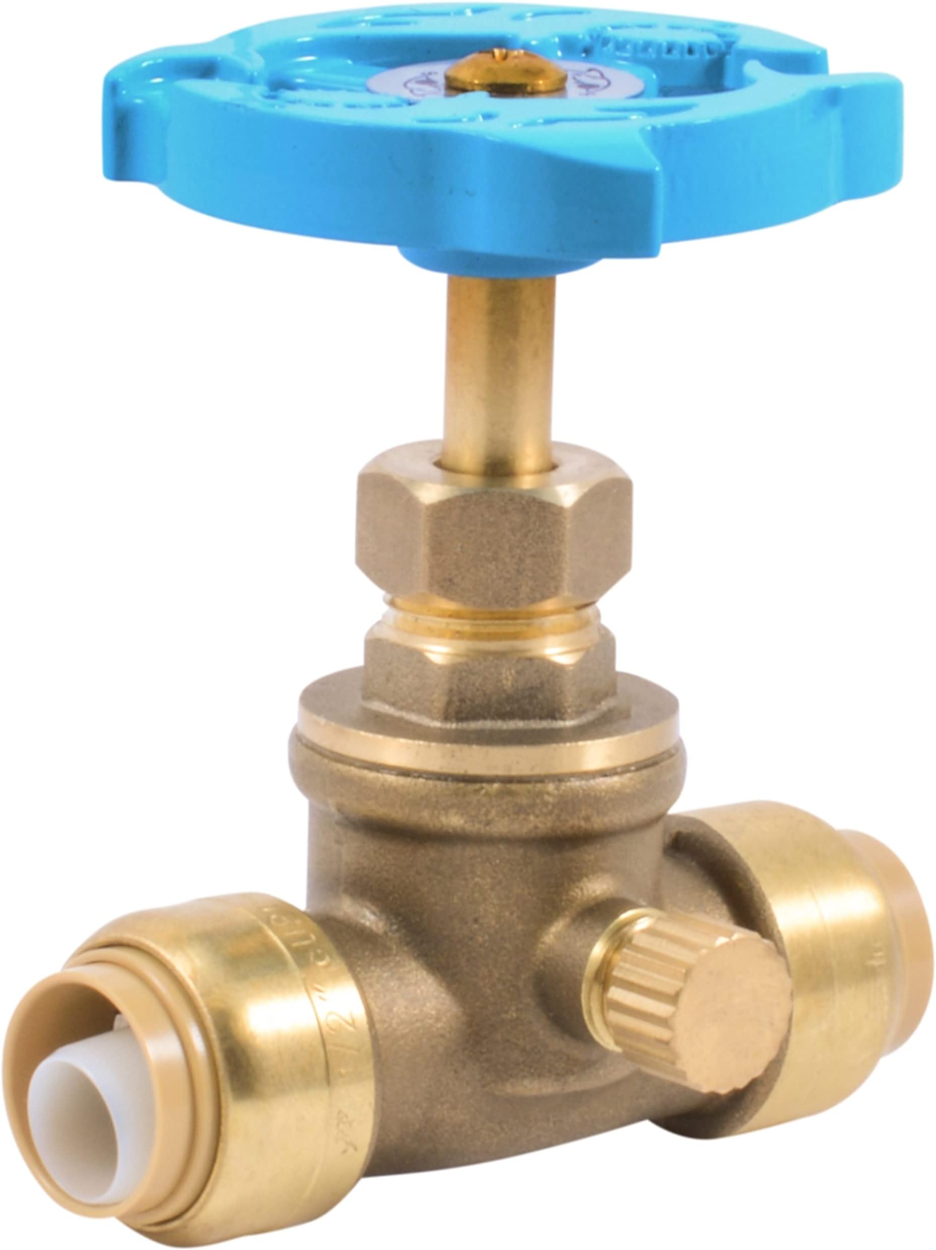 1/2 Inch Stop Valve with Drain and Vent, Push to Connect Brass Plumbing Fitting, PEX Pipe, Copper, CPVC, PE-RT, HDPE, 24634LF