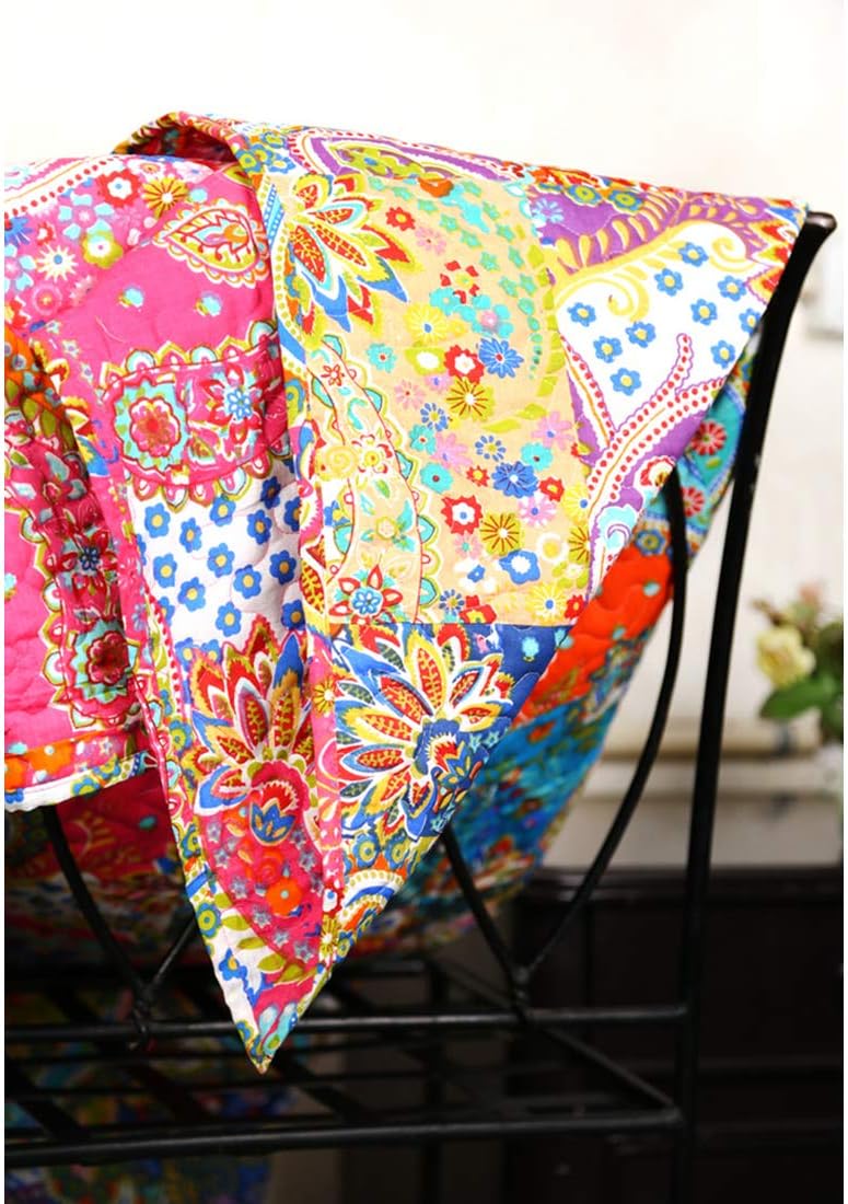 RAJRANG BRINGING RAJASTHAN TO YOU Reversible Patchwork Quilted Throw 50 x 60 Inches Decorative Vintage Cotton Throw Blanket for Sofa Couch