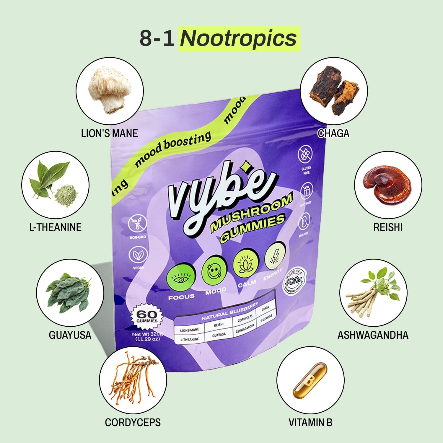 Vybe Daily Nootropic Gummies – 8-in-1 Mushroom & Adaptogen Brain Supplement for Focus, Energy, and Mood with Lion's Mane, Cordyceps, Reishi, Chaga, Ashwagandha (Blueberry, 60-Count) - Image 8