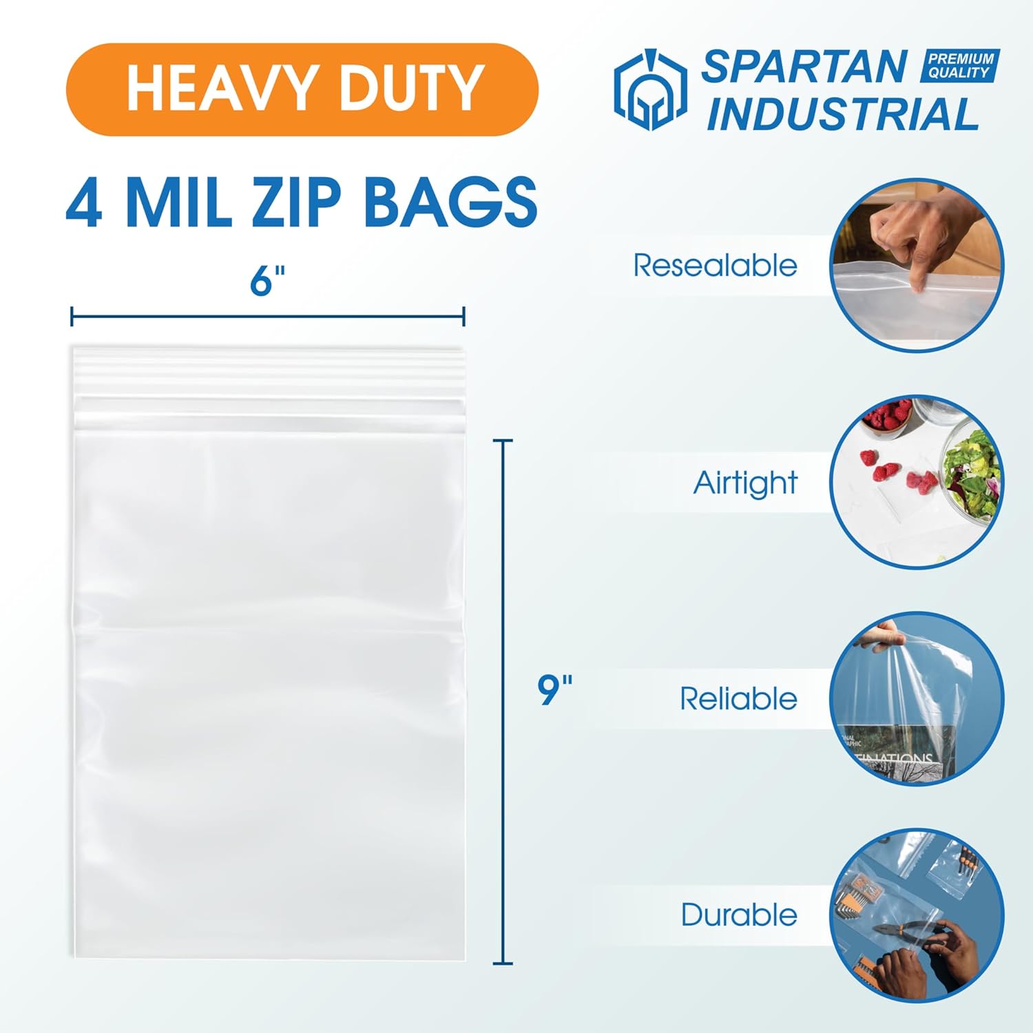 Spartan Industrial - 200 Count - 6” X 9” (4 Mil Heavy Duty) Thick Durable Clear Plastic Reclosable Zip Poly Bags with Resealable Lock Seal Zipper