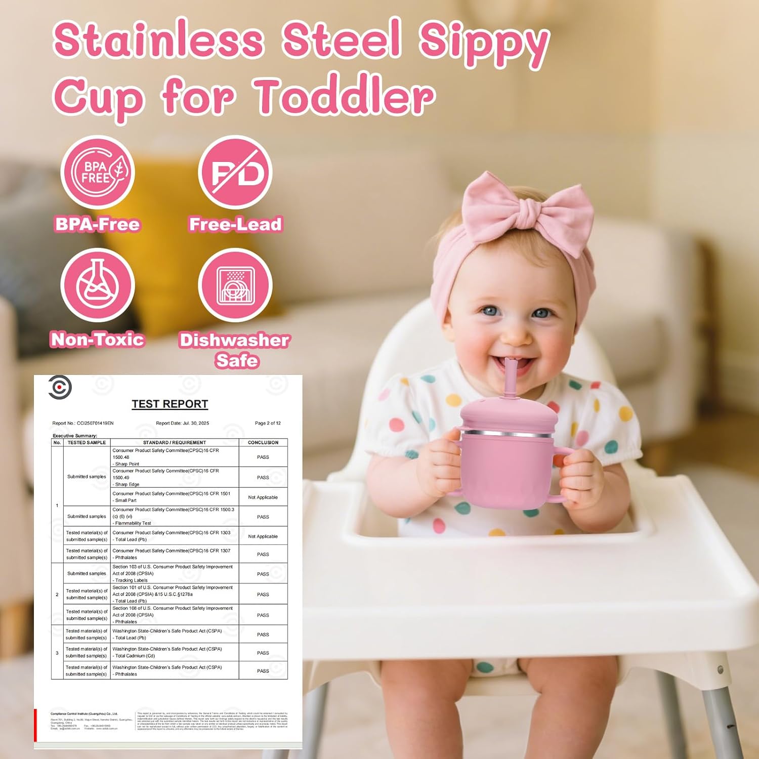 BUSOHA Stainless Steel Toddler Sippy Cup – 8oz Spill-Proof Straw Cup for 6+ Month Babies & Toddlers, 3-in-1 Reusable Travel Cup with Brush – Dishwasher Safe, Kids Drinking Cup, Pink - Image 3